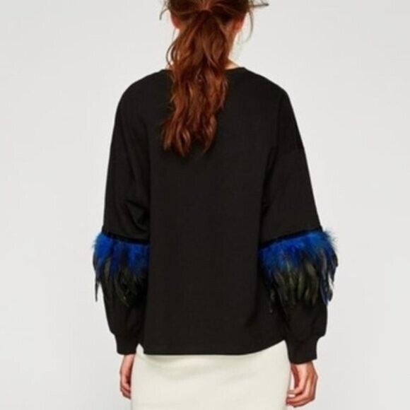 Zara Trafaluc Small Feather-Accent Sweater Black Blue  Oversized Balloon Sleeve - Picture 4 of 16